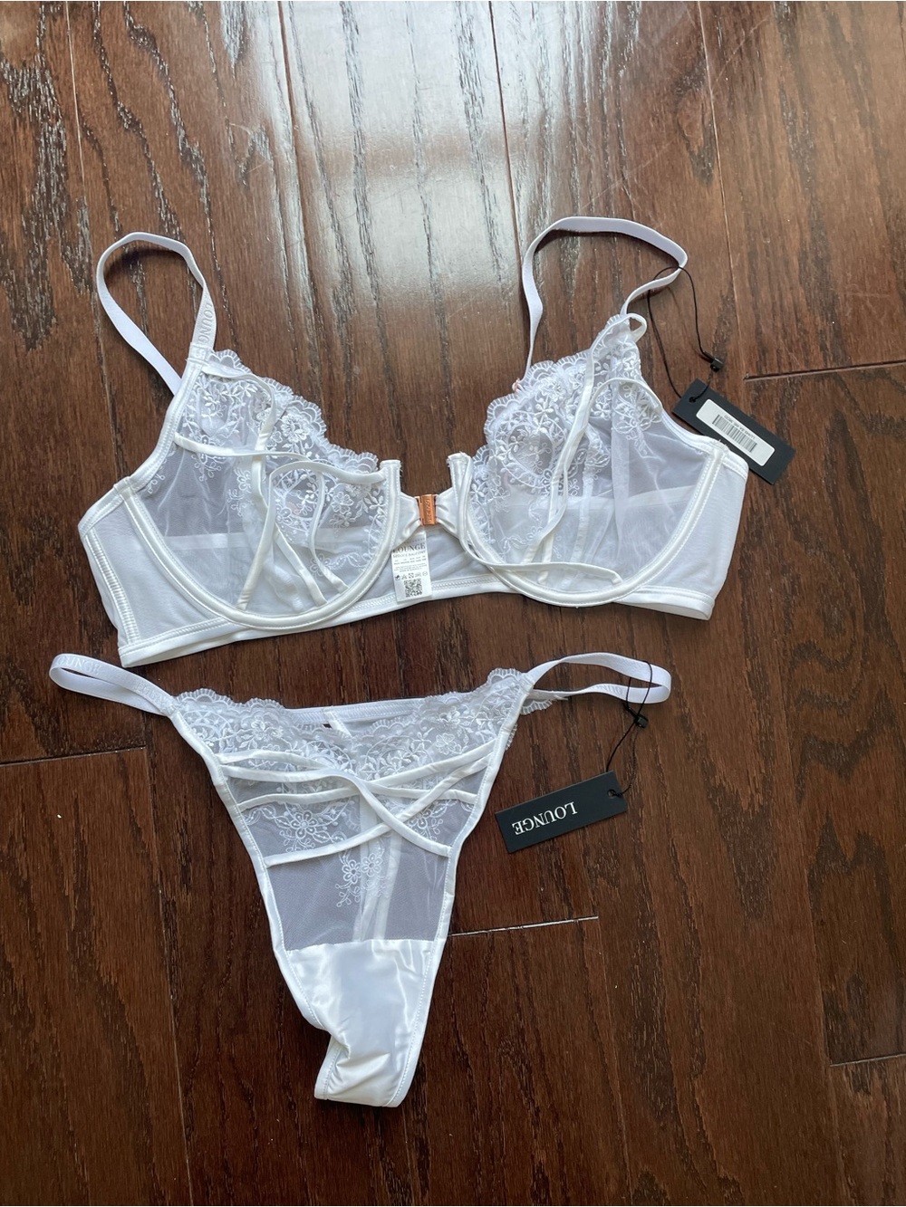 Lounge Sheer Lace Underwire Bra & Thong Set in White